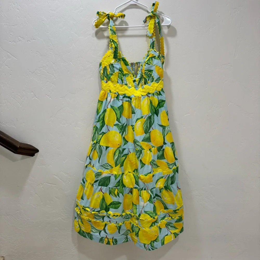 EUC Prosperina Caterina Blue Lemon Print Linen Cotton Midi Dress Women's Large - Picture 3 of 15